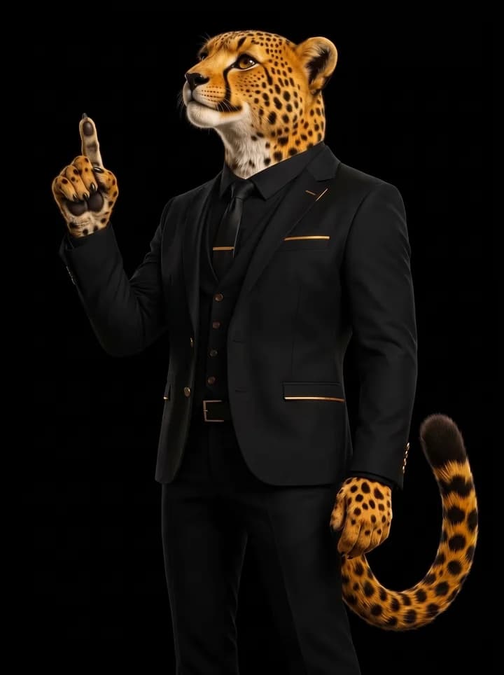 A mascote da ALVUS, uma chita de fato, a apontar para o website.