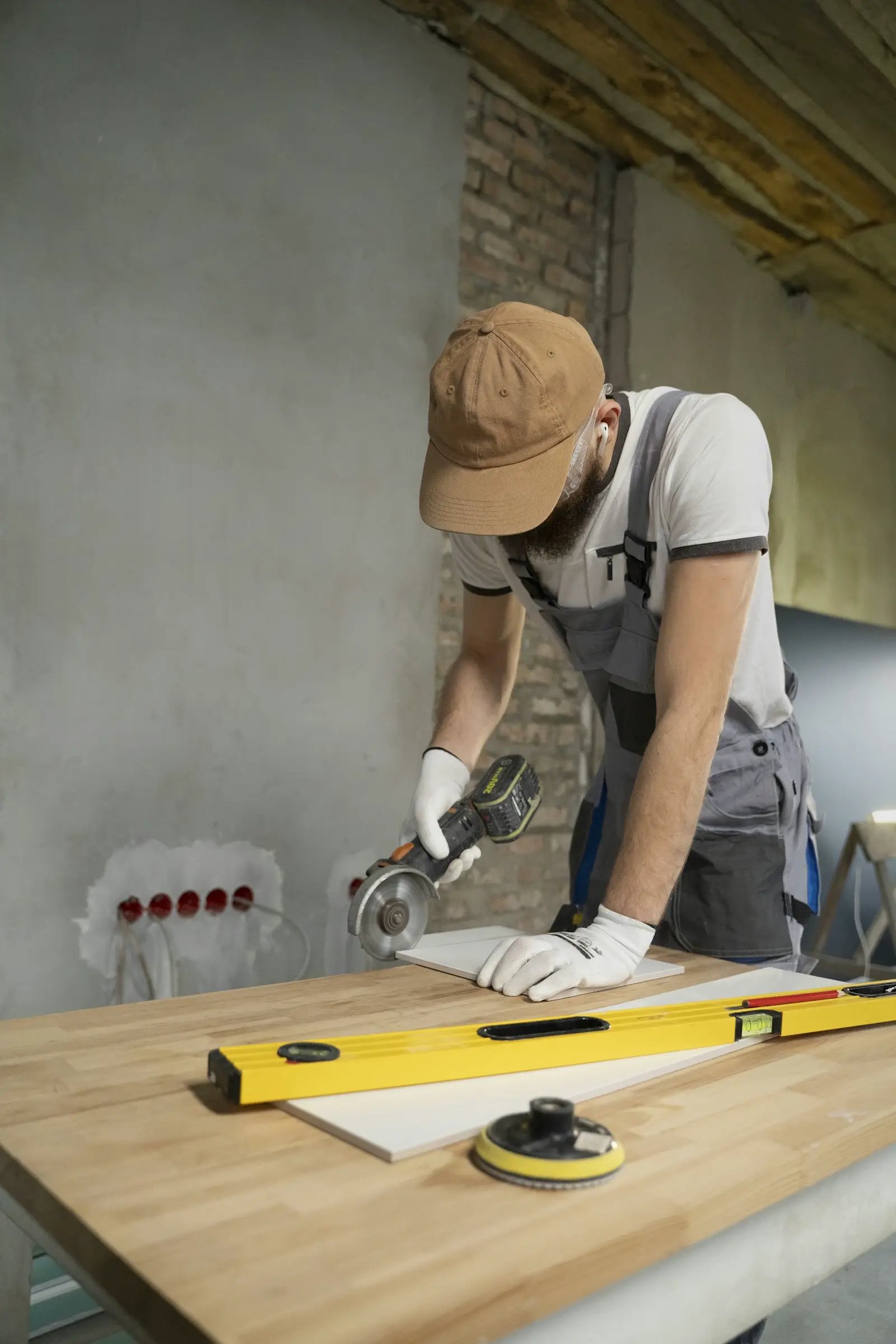 Profissional a cortar um azulejo com rebarbadora numa divisão em obra.